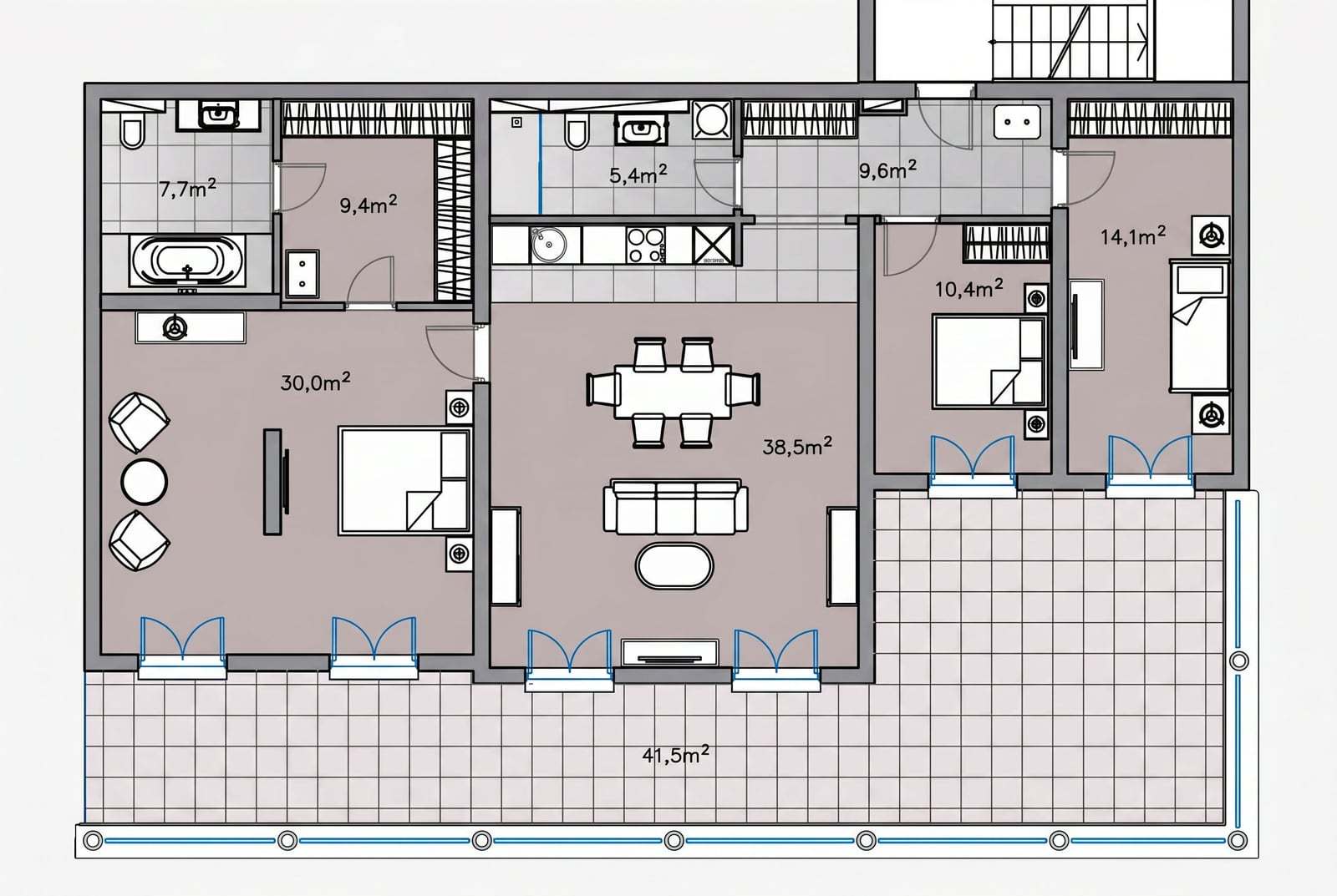 Plan de l'appartement dans la résidence Kumbor, Monténégro : salon spacieux, trois chambres, cuisine et grande terrasse de 41,5 m².