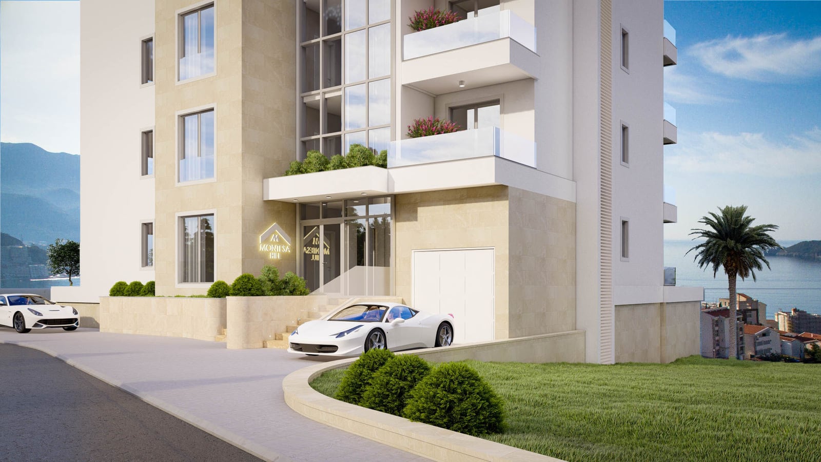 Façade moderne d'un complexe résidentiel avec fenêtres panoramiques et balcons à Bečići, Monténégro