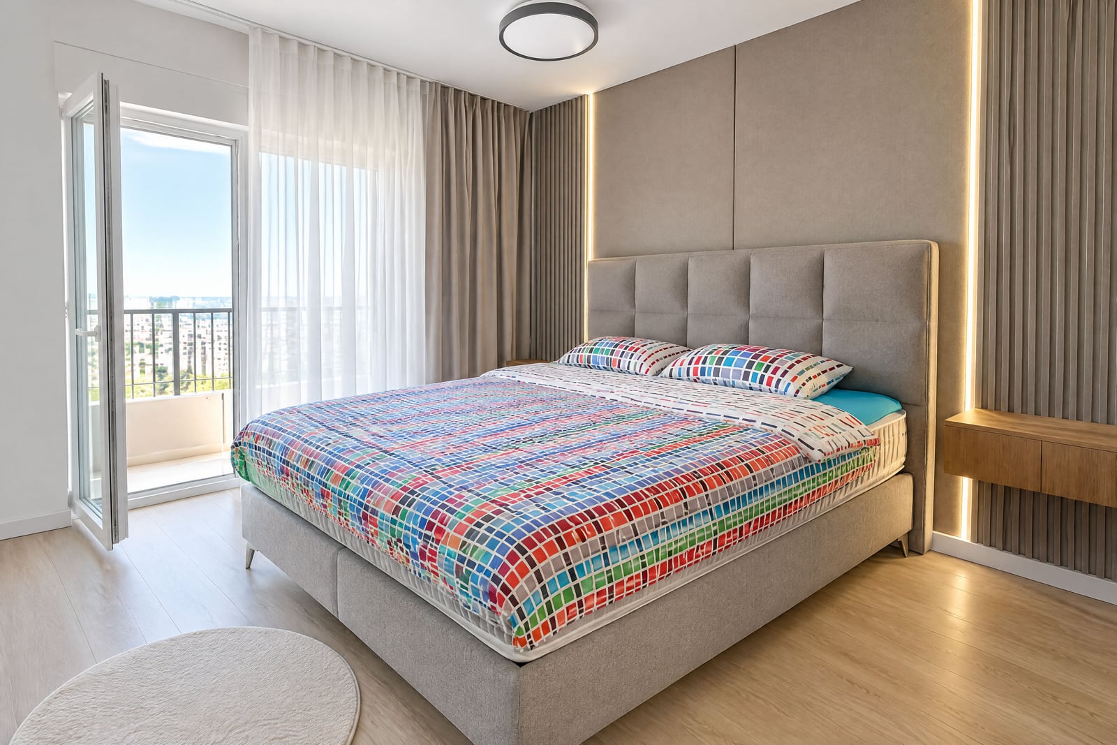 Modern bedroom with a soft bed, wall lighting, and balcony access in an apartment in Budva, Montenegro