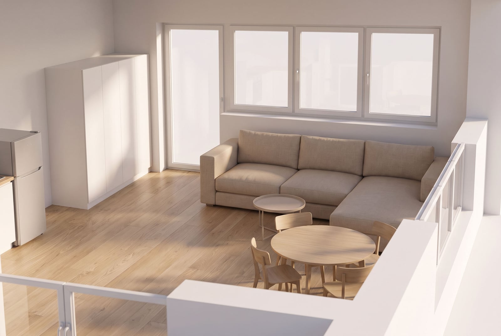 Modern living room with a beige sofa and dining area in an apartment in Budva, Montenegro, bright interior with parquet flooring.