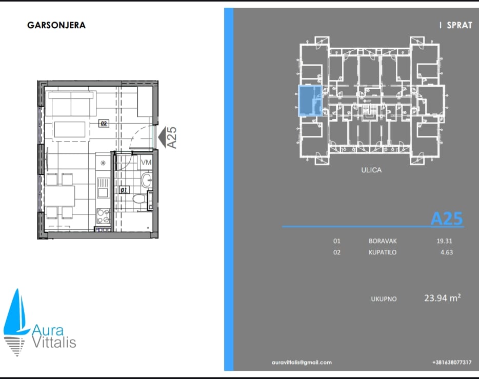 Plan apartmana-studija od 24 m² na prvom spratu stambenog kompleksa u Kotoru, Crna Gora: šema stambene zone i kupatila.