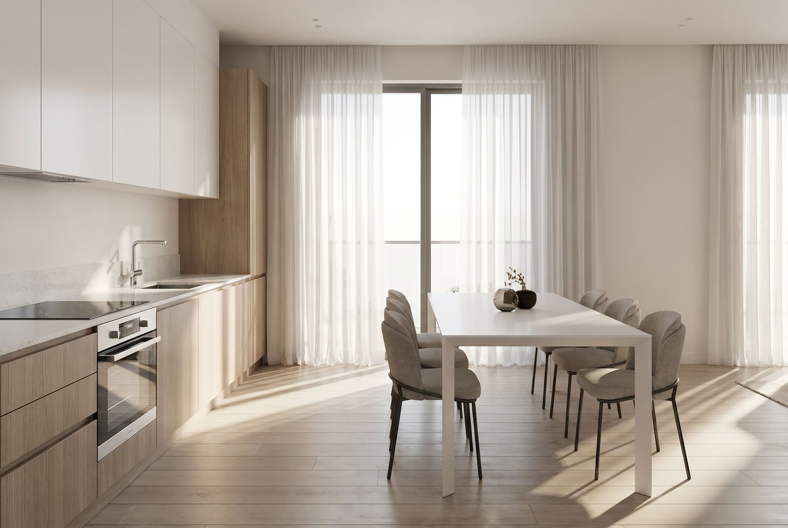 Modern kitchen-dining room in light tones in a residential complex in Tivat, Montenegro: built-in furniture, dining area, and panoramic windows.