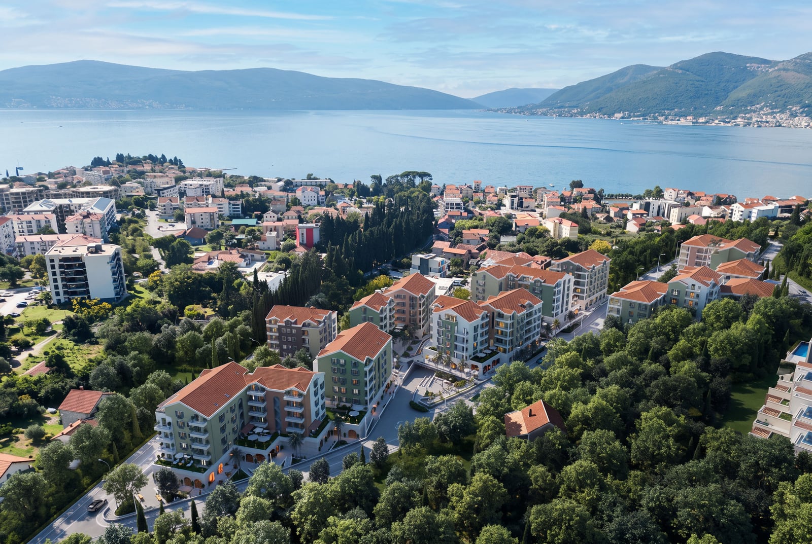 New residential complex with tiled roofs and sea views in Tivat, Montenegro