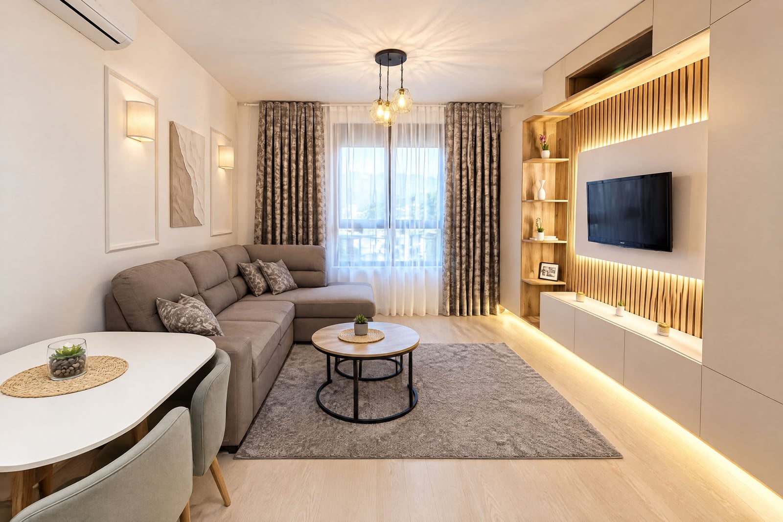 Modern living room with a grey sectional sofa, TV on a wood slat wall, and a dining table.
