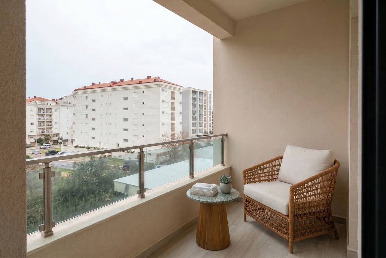 Cozy balcony with a wicker chair and table in an apartment in Bečići, Montenegro, view of the city and residential complex.