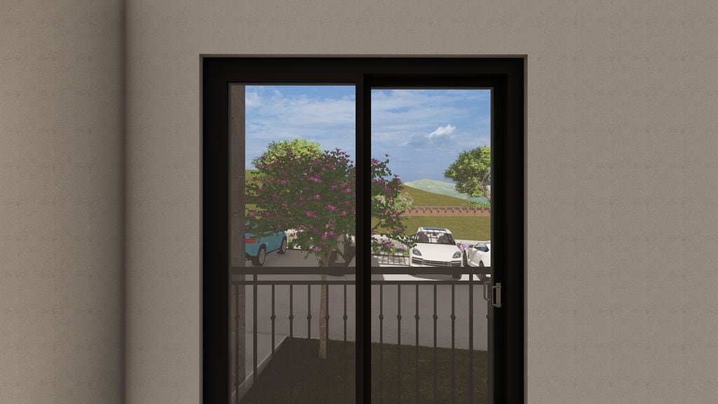 Blick vom Balkon der Wohnung in Luštica, Montenegro: raumhohe Verglasung, schmiedeeisernes Geländer und Parkplatz mit Bäumen.