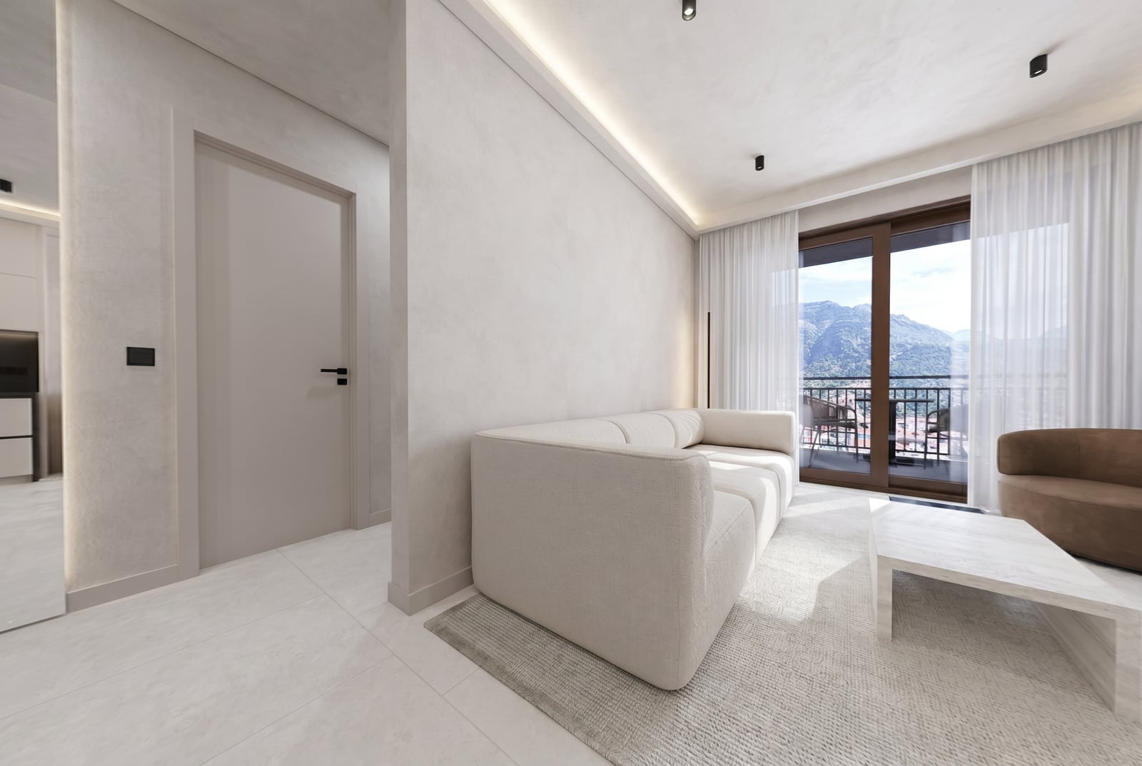 Modernes Wohnzimmer in der Wohnanlage Tivat, Montenegro: helles Interieur, weiches Sofa und Balkon mit Bergblick.