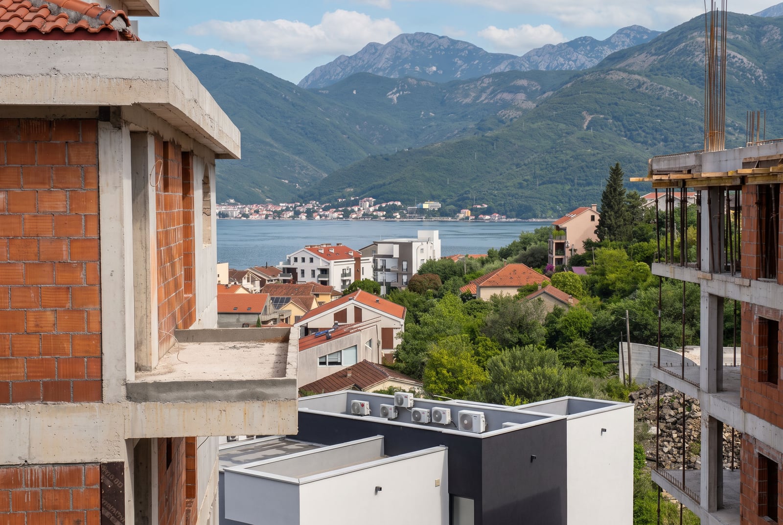 Sea and mountain view from a residential complex under construction in Tivat, Montenegro.
