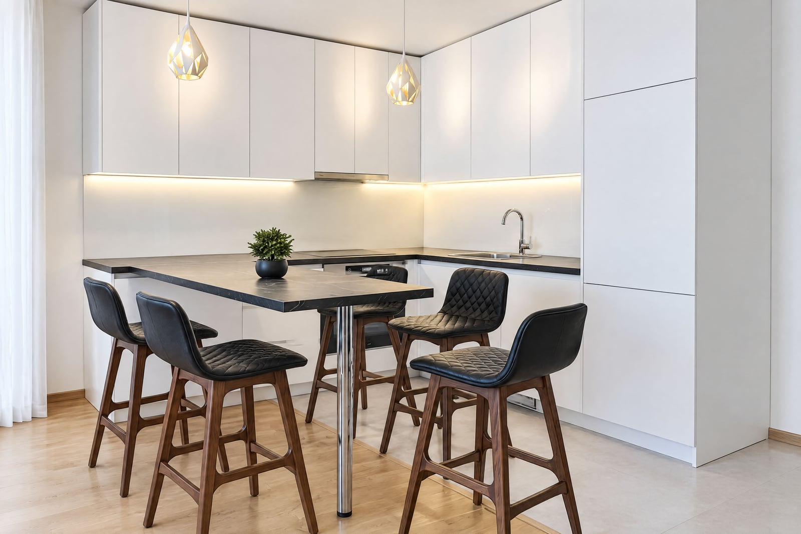White corner kitchen with black countertop and breakfast bar in an apartment in Budva, Montenegro