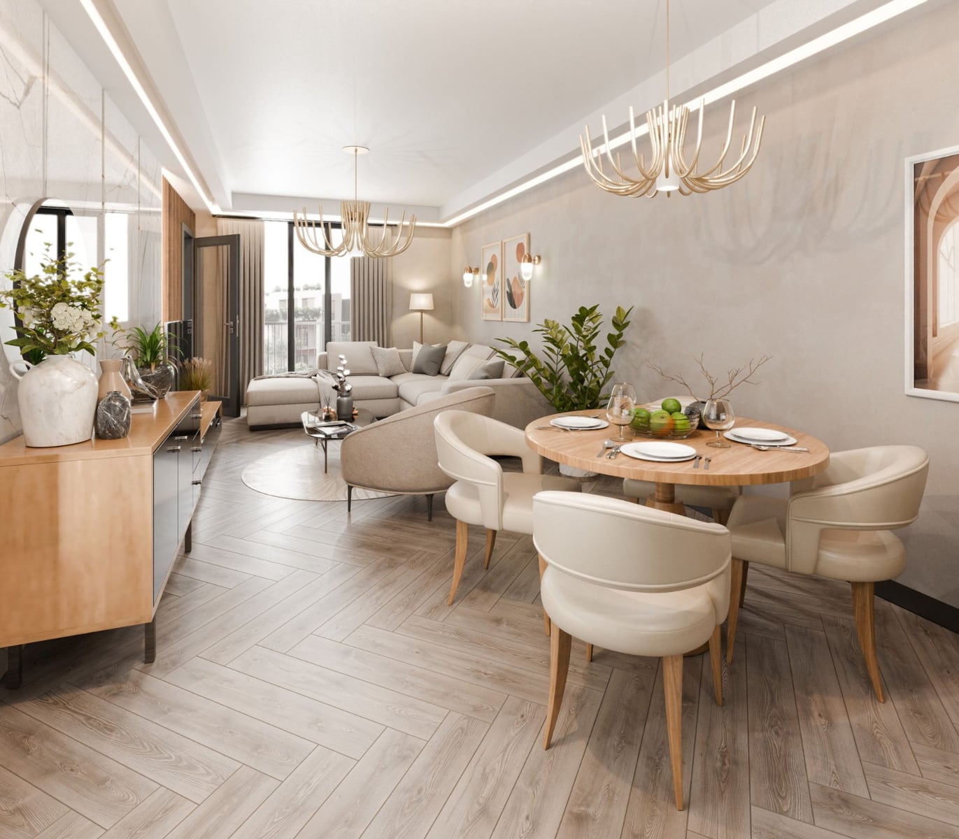 Salon moderne avec coin repas dans le complexe résidentiel Radanovici, Monténégro : intérieur lumineux, parquet et mobilier design.