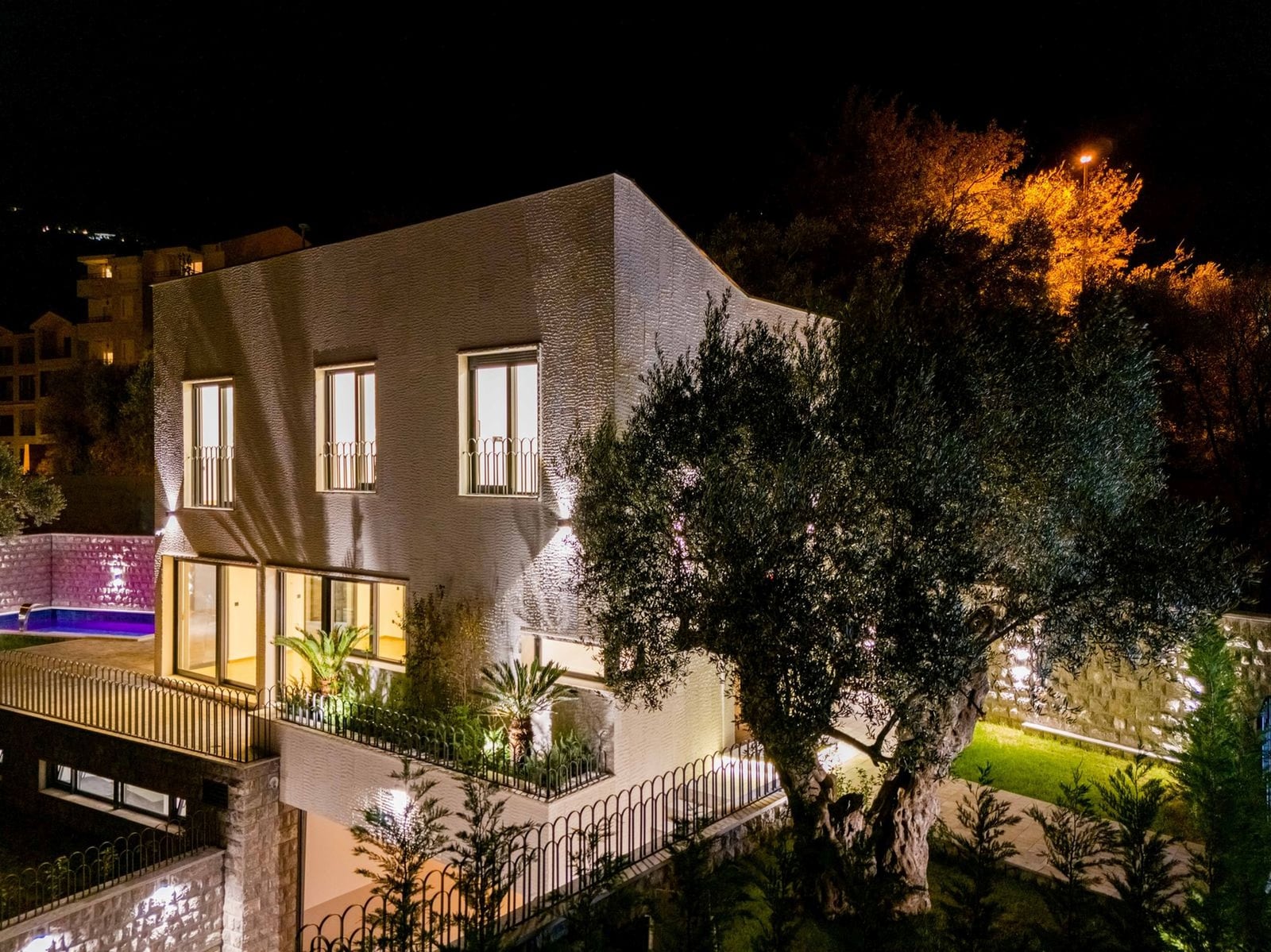 Villa moderne avec piscine et jardin à Kamenovo, Monténégro : vue nocturne de la façade avec éclairage et olivier.