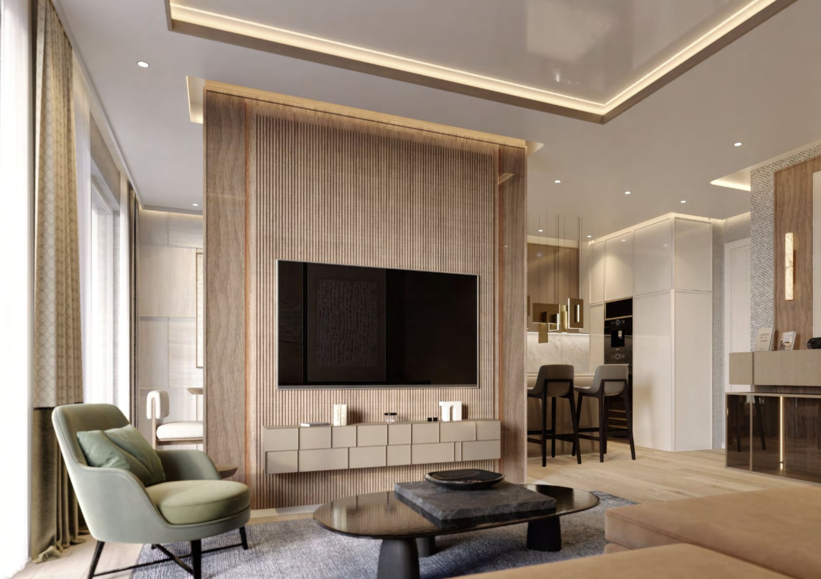 Modern living room with a wooden TV panel in a penthouse in Orahovac, Montenegro