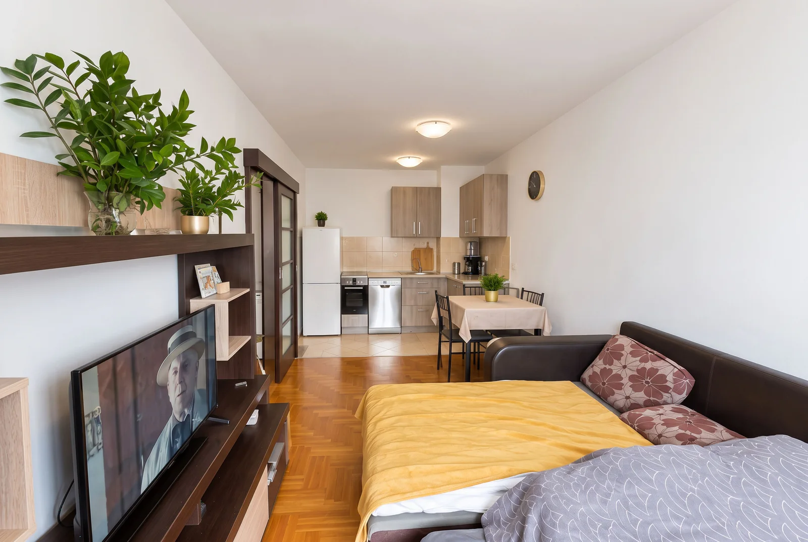 Studio apartment featuring a bed, sofa, TV unit, and an open kitchen area in one room.