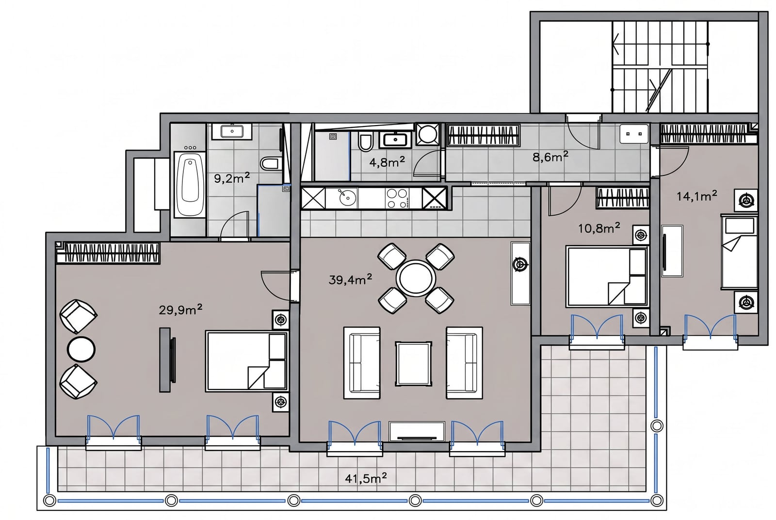 Floor plan of a spacious apartment in Kumbor, Montenegro: living room, three bedrooms, two bathrooms, and a large 41.5 m2 terrace.