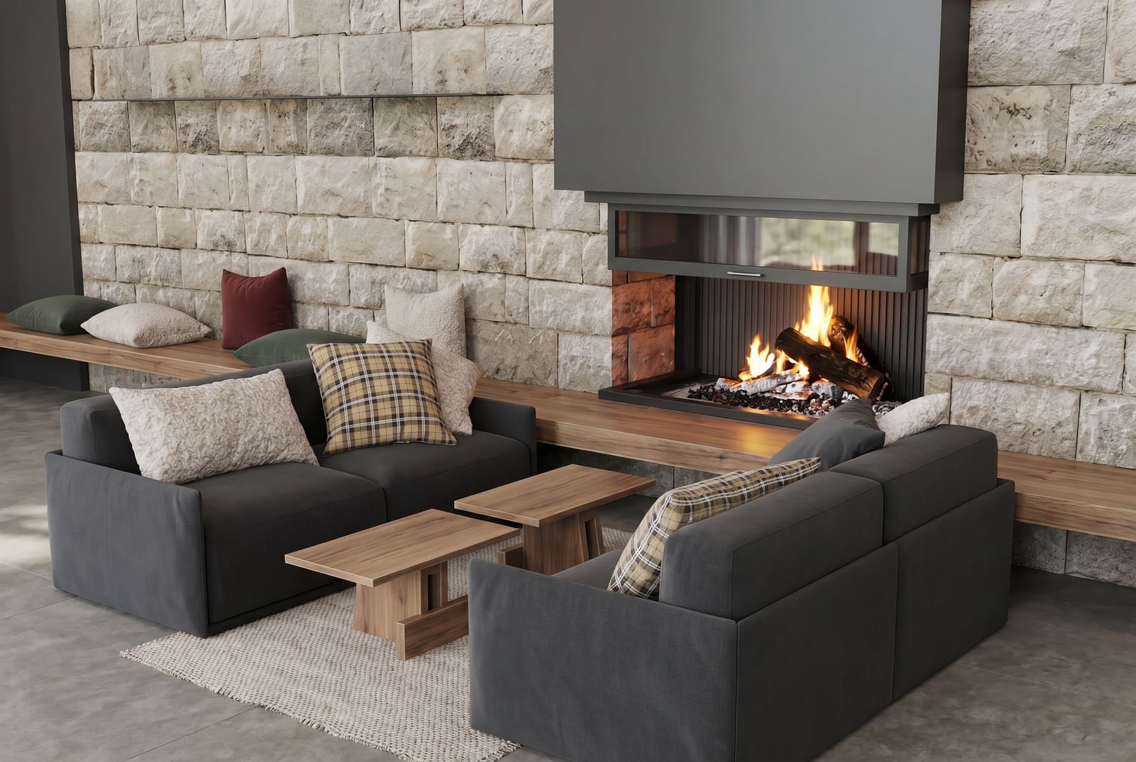 Living room with a fireplace and stone wall in a hotel, Kolašin, Montenegro: modern furniture and cozy apartment interior.