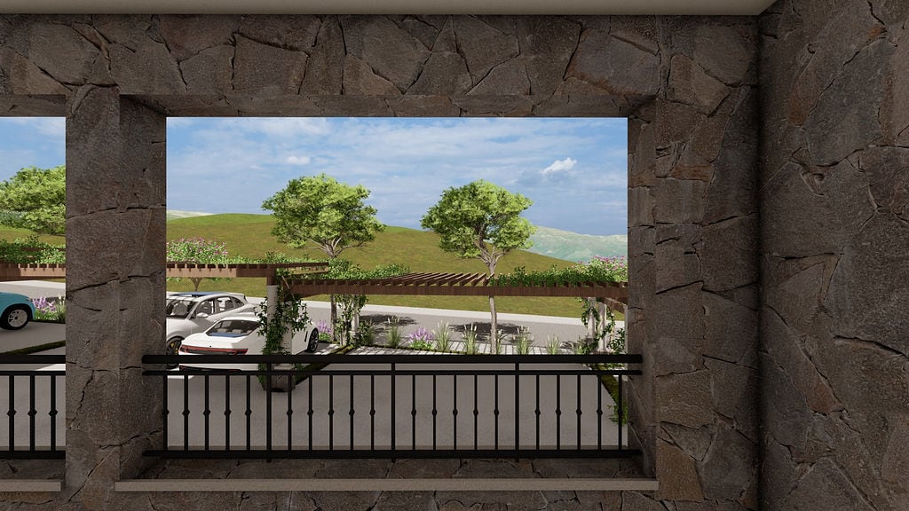 Blick vom Balkon mit Steinverkleidung auf den Parkplatz und die Hügel im Komplex Lustica Bay, Montenegro.