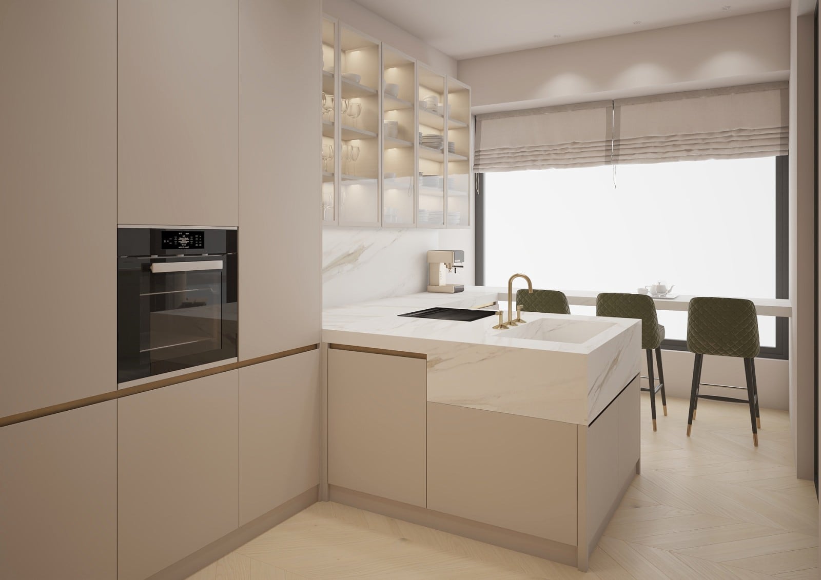 Cuisine beige moderne avec îlot en marbre et bar dans un appartement à Bečići, Monténégro