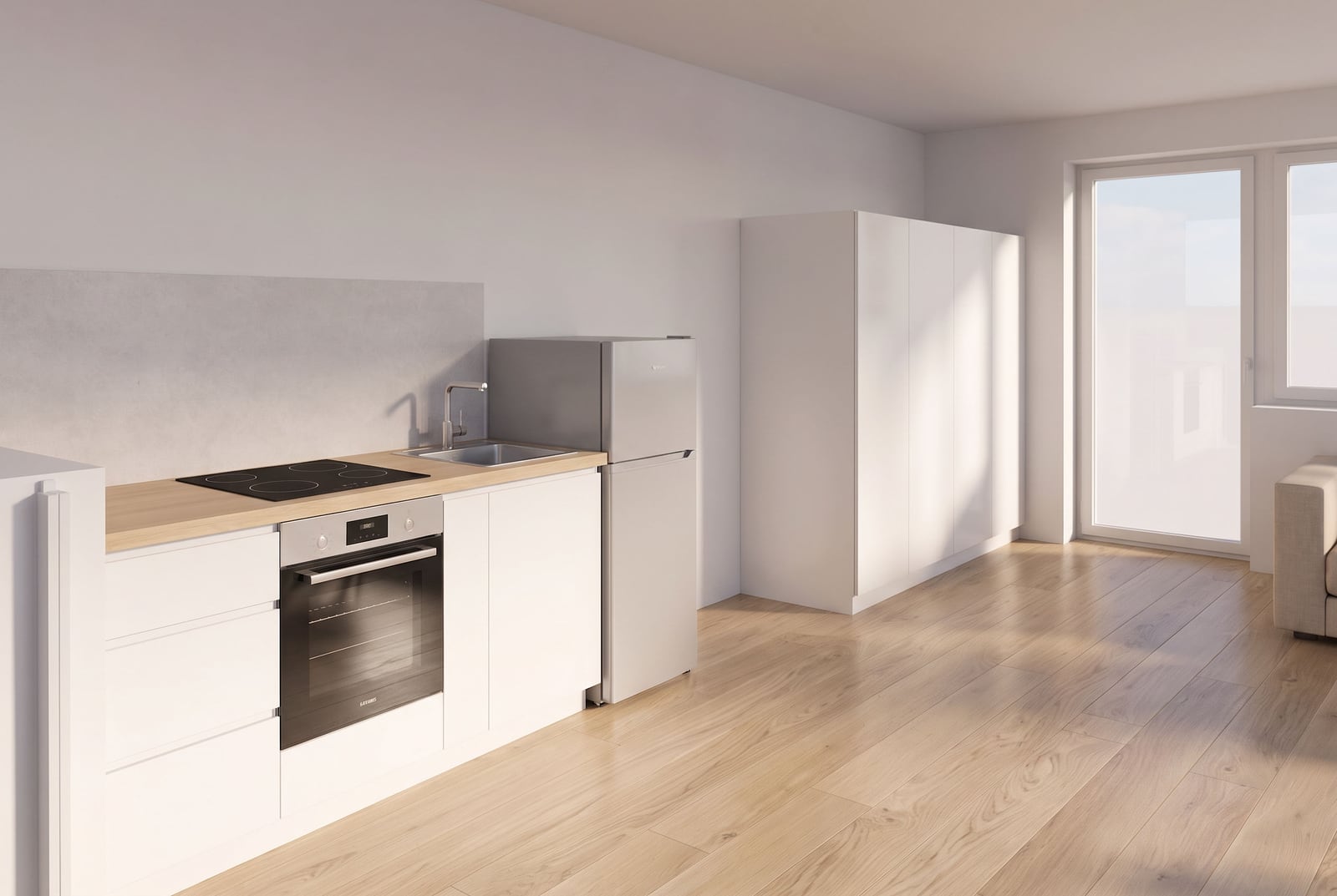 Modern kitchen in an apartment in Budva, Montenegro: white facades, built-in appliances, wooden flooring, and a panoramic window.