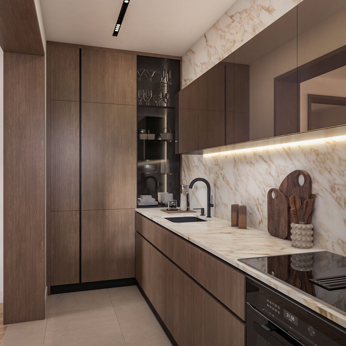 Moderne Küche mit Holzfronten und Marmor-Rückwand im ЖК Bar, Montenegro. Stilvolles Wohnungsinterieur.