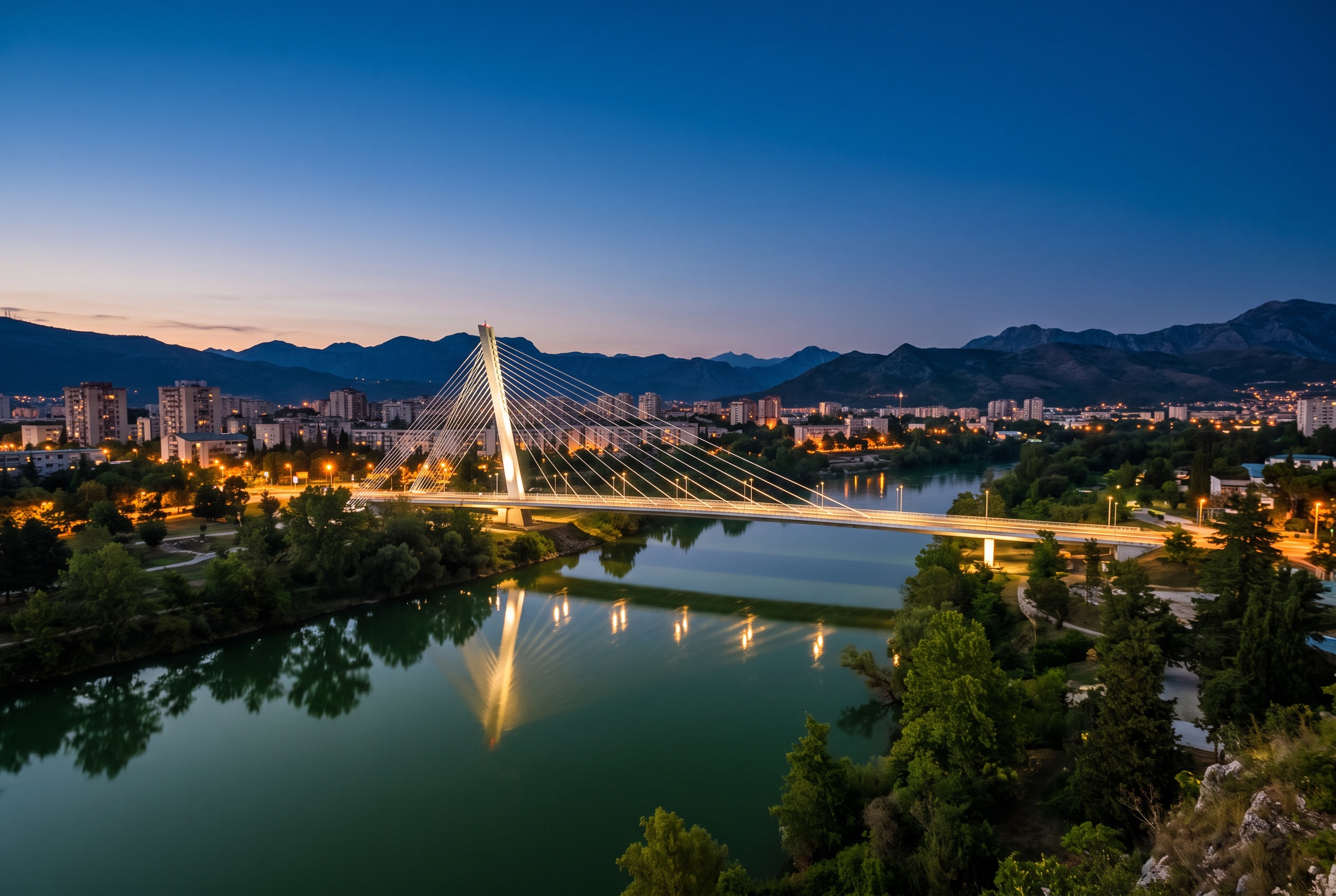 Millennium Bridge over the Morača River in Podgorica at dusk